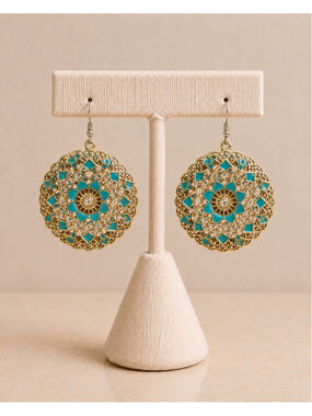Boho Gold Tone Turquoise Filigree Disc Dangle Rhinestone Statement Earrings